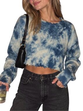 💙NWOT VICI Blue White Tie Dye Distressed Oversized Fall Cropped Sweater L